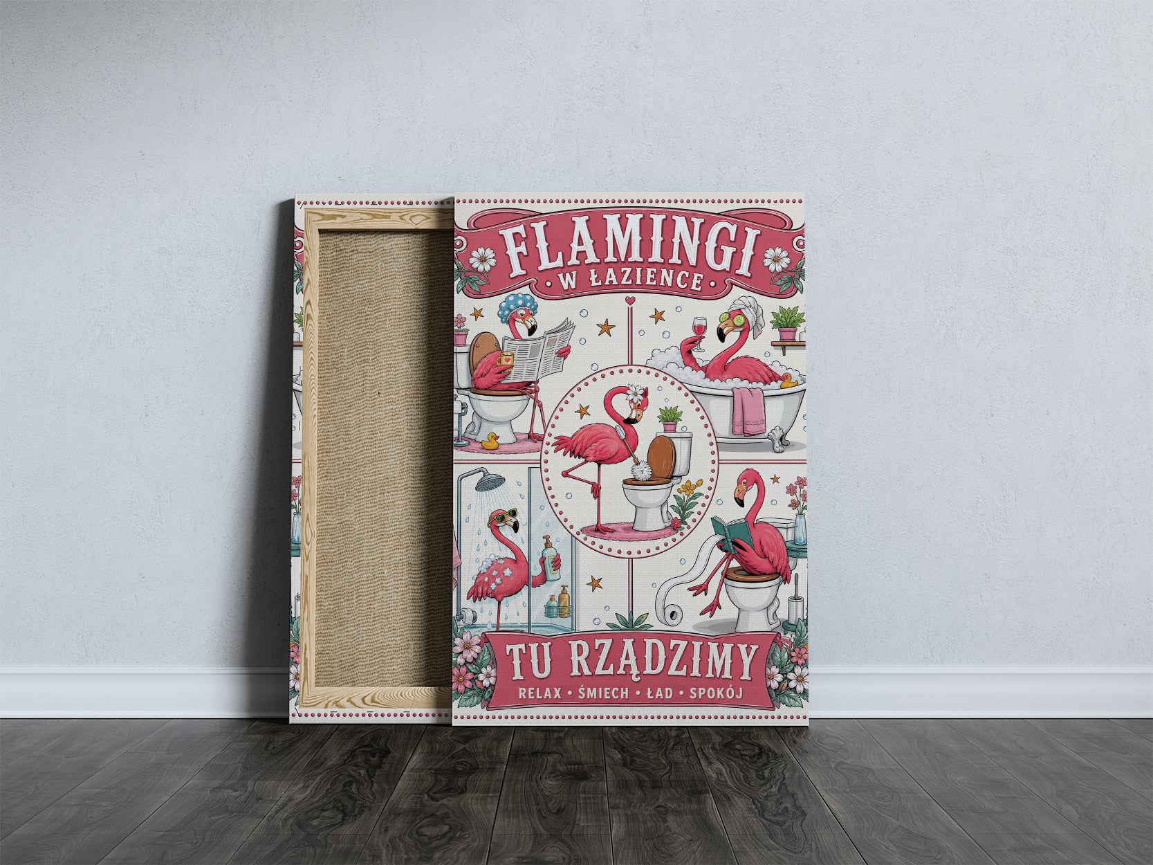 Flamingi w łazience – śmieszny plakat do łazienki mockup 4