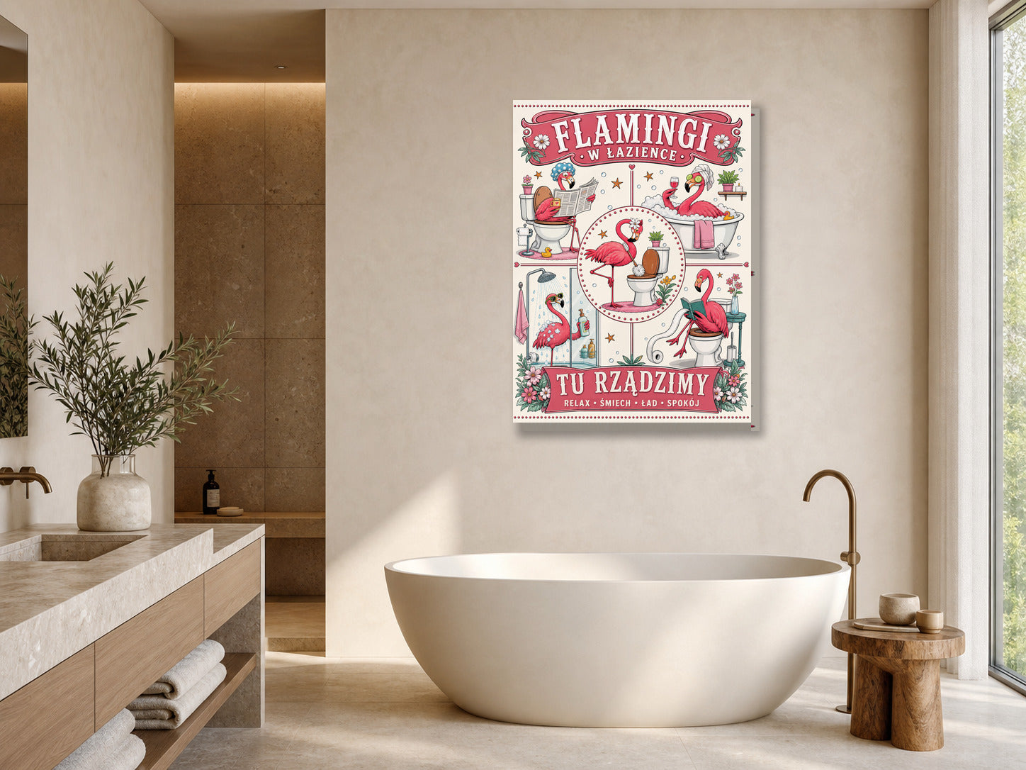 Flamingi w łazience – śmieszny plakat do łazienki mockup 1