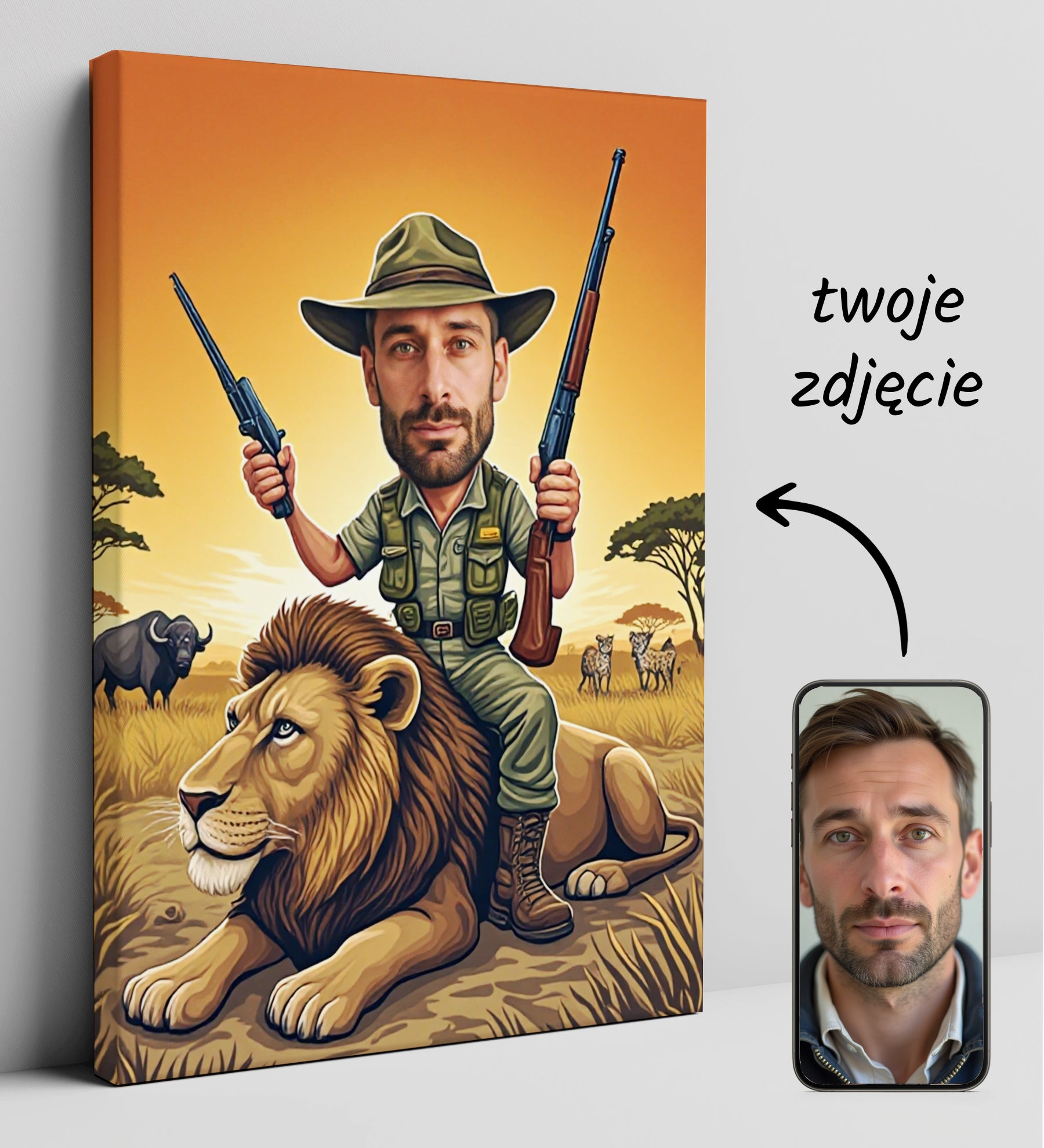 Portret karykatura ze zdjęcia – Safari na lwie