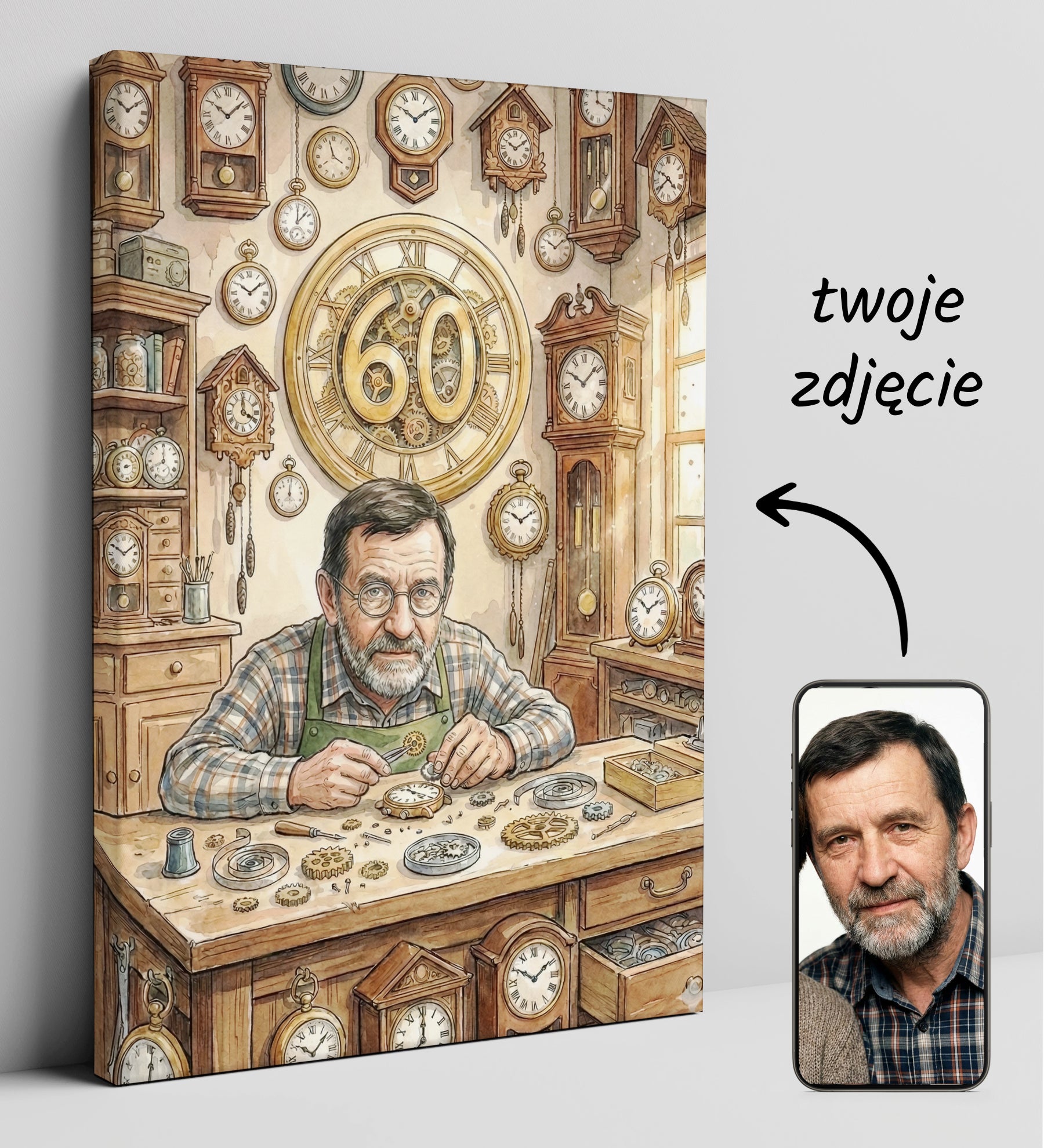 Karykatura zegarmistrza z dowolną cyfrą - pomysł na prezent