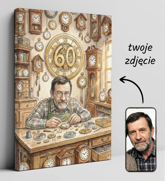 Karykatura zegarmistrza z dowolną cyfrą - pomysł na prezent