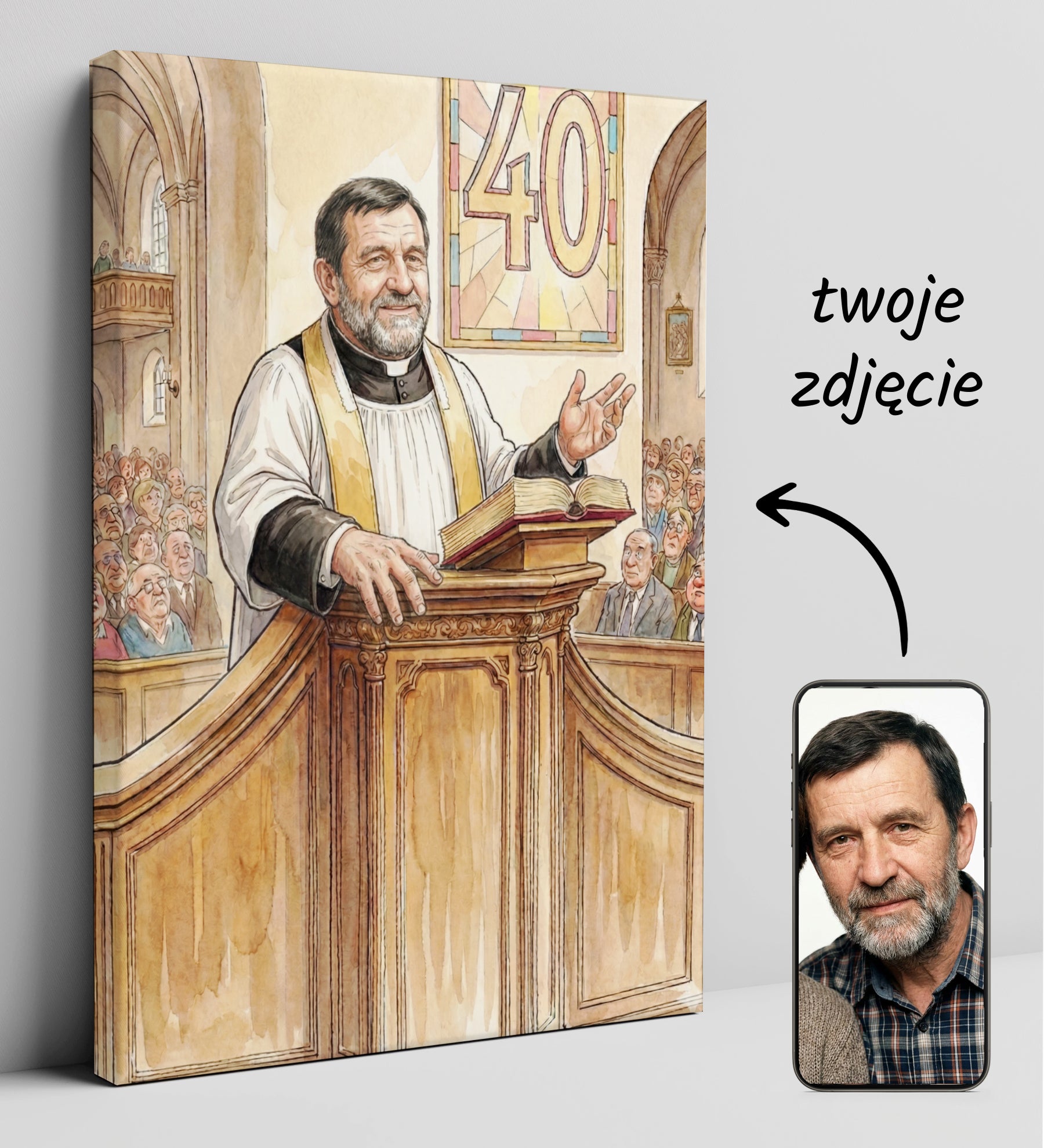 Karykatura księdza z dowolną cyfrą – elegancka pamiątka jubileuszowa