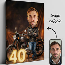 Karykatura motocyklisty ze zdjęcia