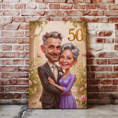 Karykatura pary świętującej 50. rocznicę ślubu jako oryginalny prezent