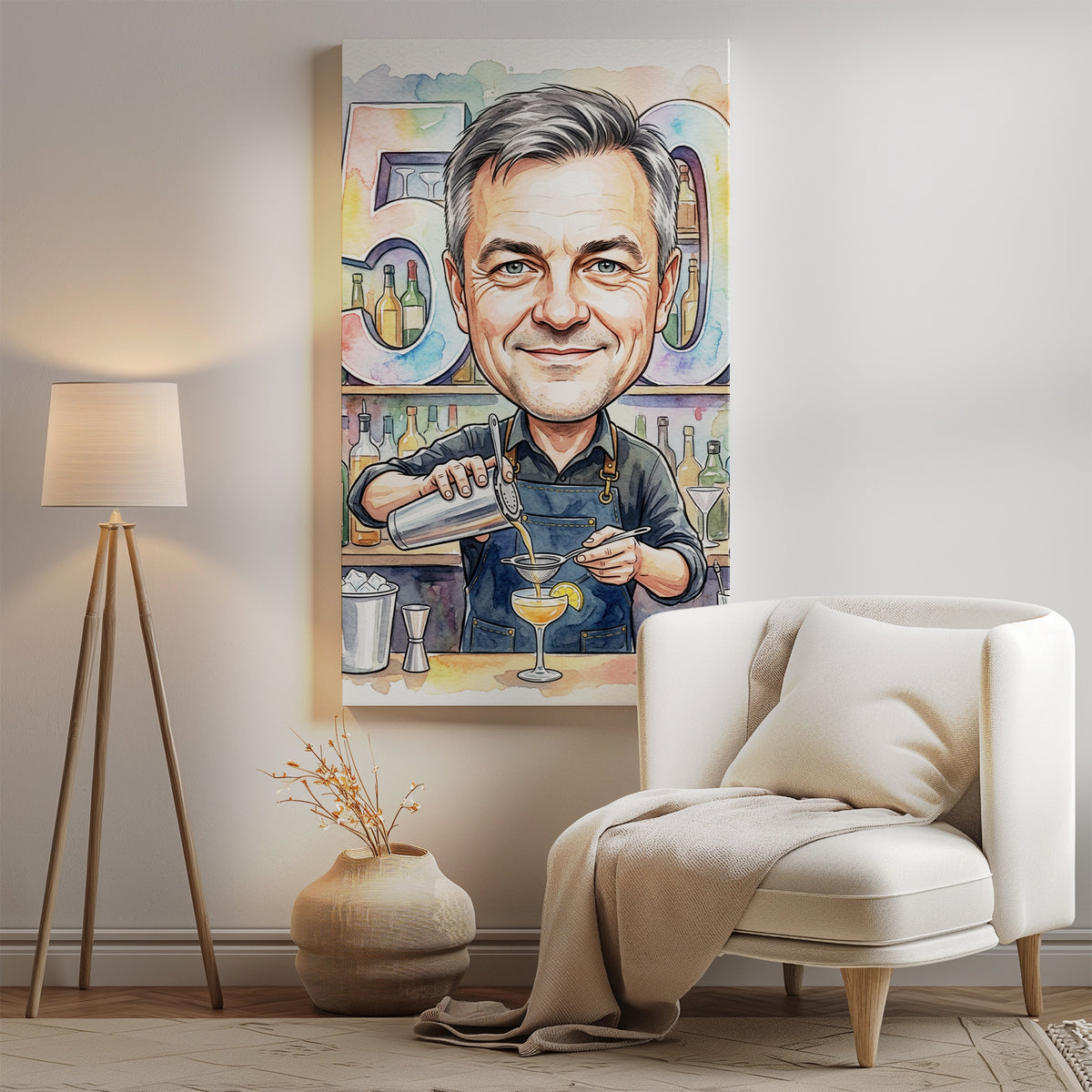 Karykatura barmana na 50 urodziny ze zdjęcia mockup 2