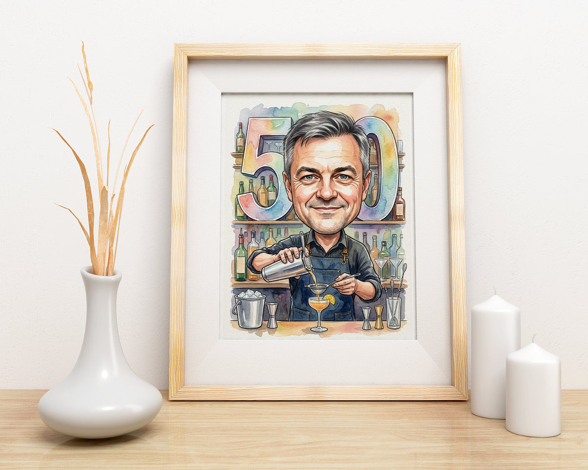 Karykatura barmana na 50 urodziny ze zdjęcia mockup 3