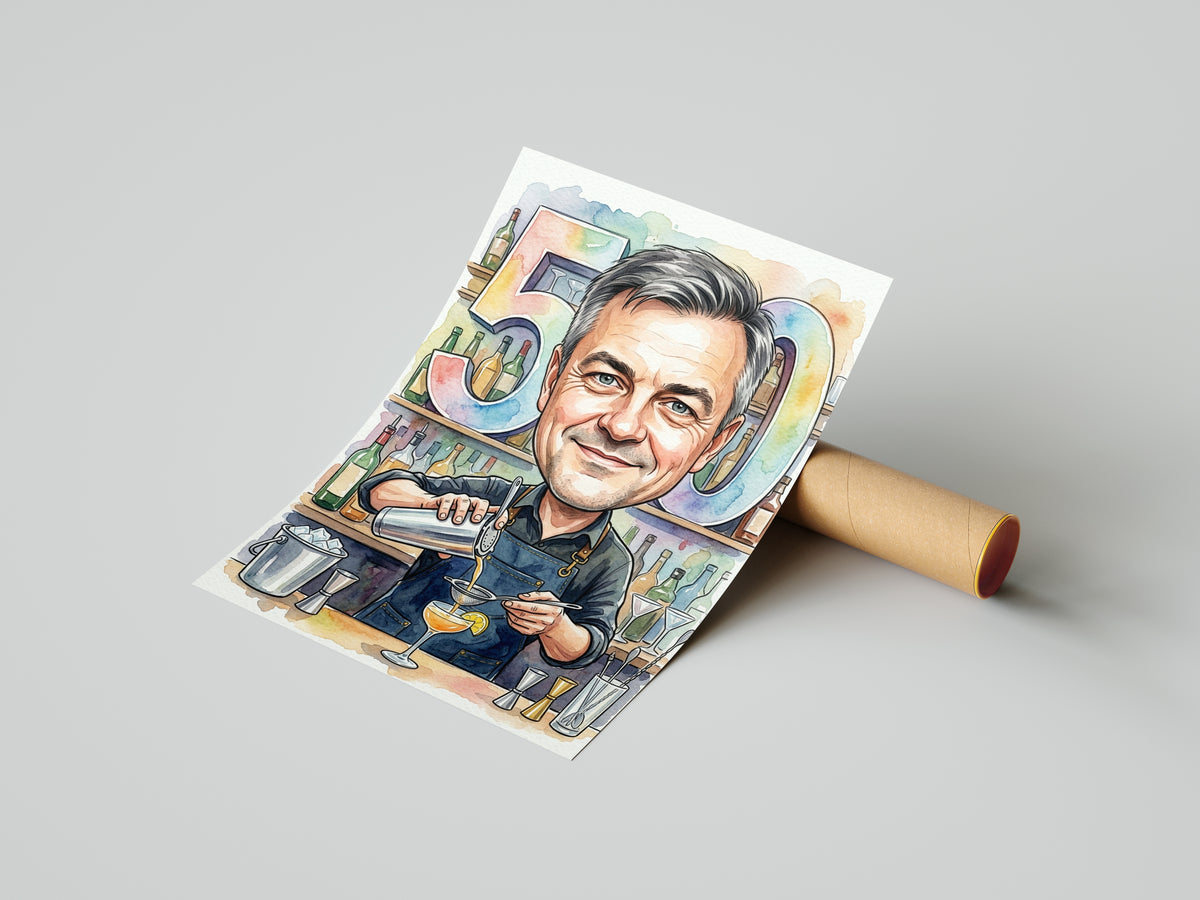 Karykatura barmana na 50 urodziny ze zdjęcia mockup 4