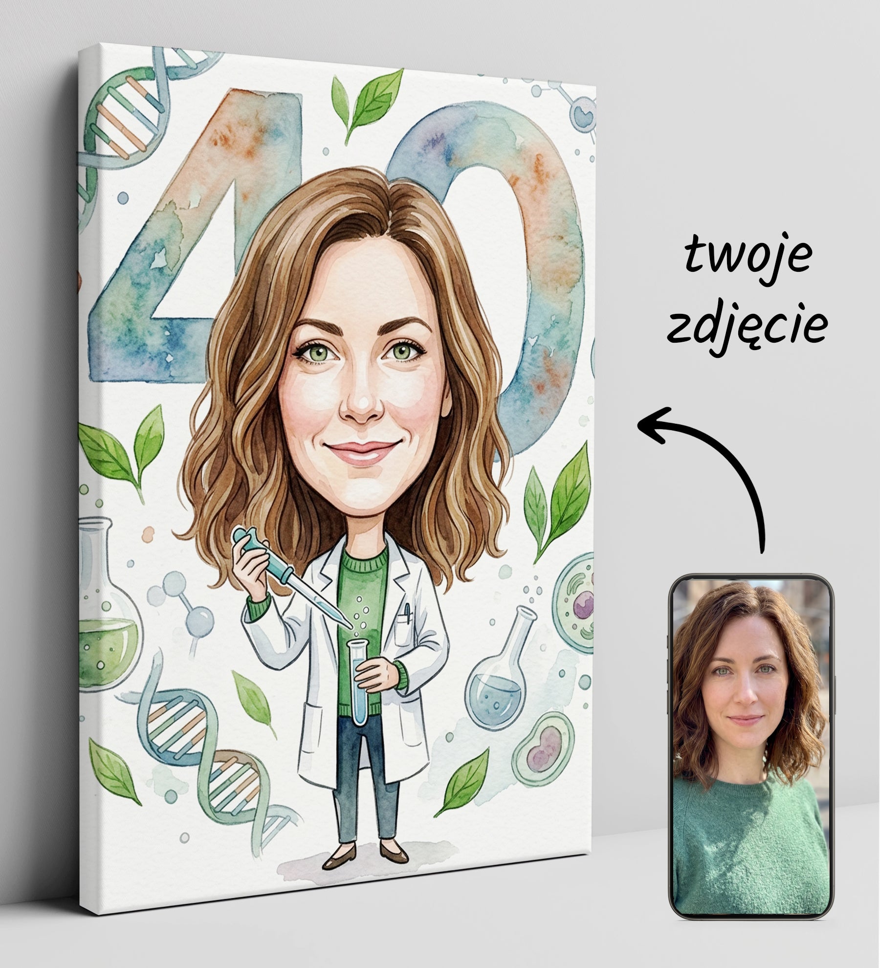 Karykatura personalizowana biotechnolożki na 40 urodziny glowne