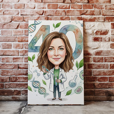 Karykatura personalizowana biotechnolożki na 40 urodziny nacegle