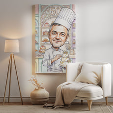Karykatura cukiernika na 50 urodziny ze zdjęcia mockup 2
