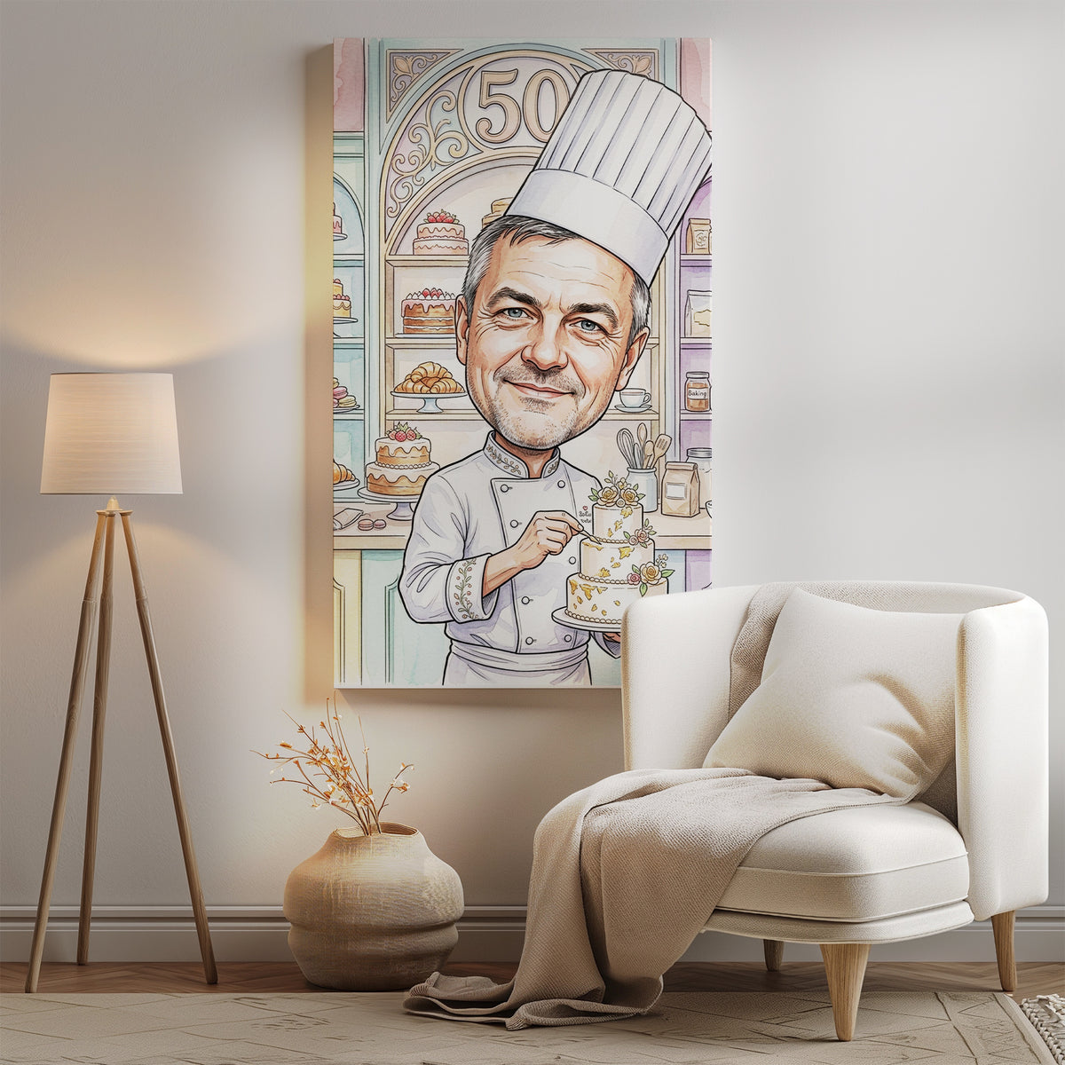 Karykatura cukiernika na 50 urodziny ze zdjęcia mockup 2
