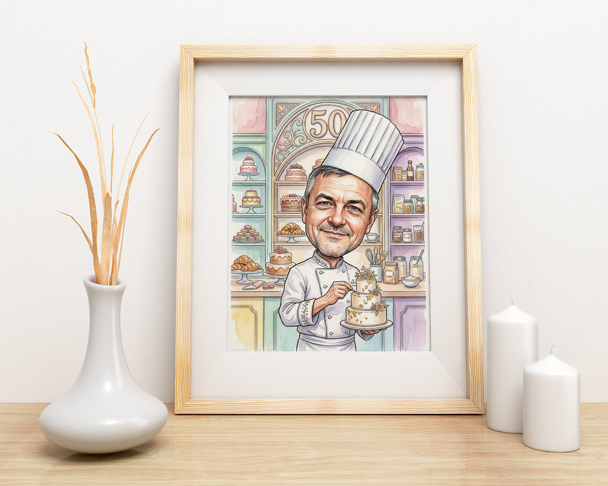 Karykatura cukiernika na 50 urodziny ze zdjęcia mockup 3