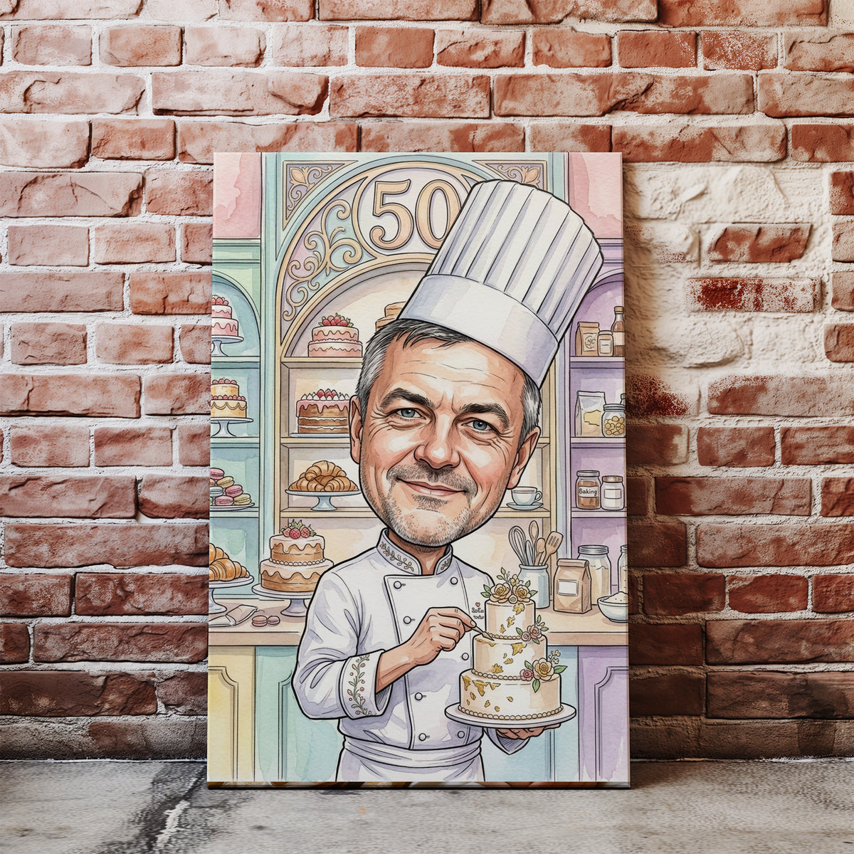 Karykatura cukiernika na 50 urodziny ze zdjęcia mockup 1
