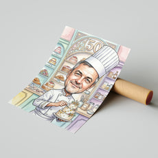 Karykatura cukiernika na 50 urodziny ze zdjęcia mockup 4