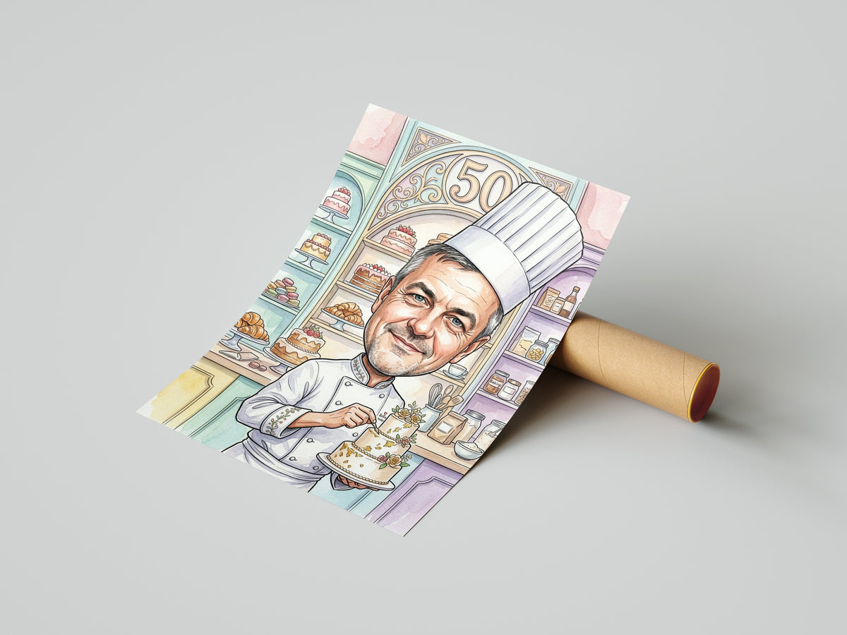 Karykatura cukiernika na 50 urodziny ze zdjęcia mockup 4