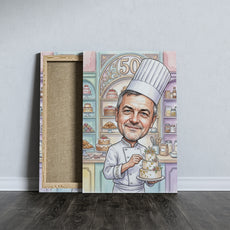 Karykatura cukiernika na 50 urodziny ze zdjęcia mockup 5