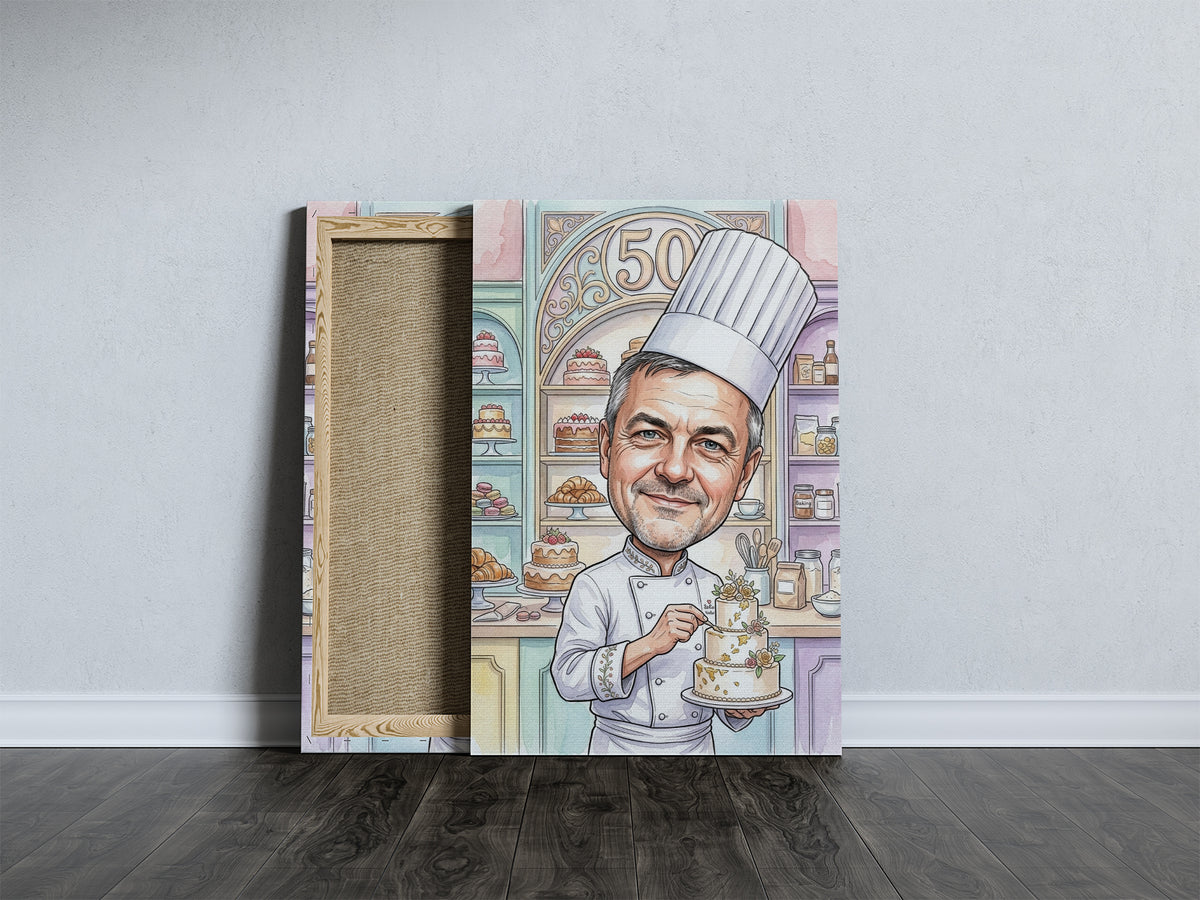 Karykatura cukiernika na 50 urodziny ze zdjęcia mockup 5