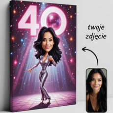 Personalizowany płócienny portret karikatura disco dla dziewczyny na 40 urodziny