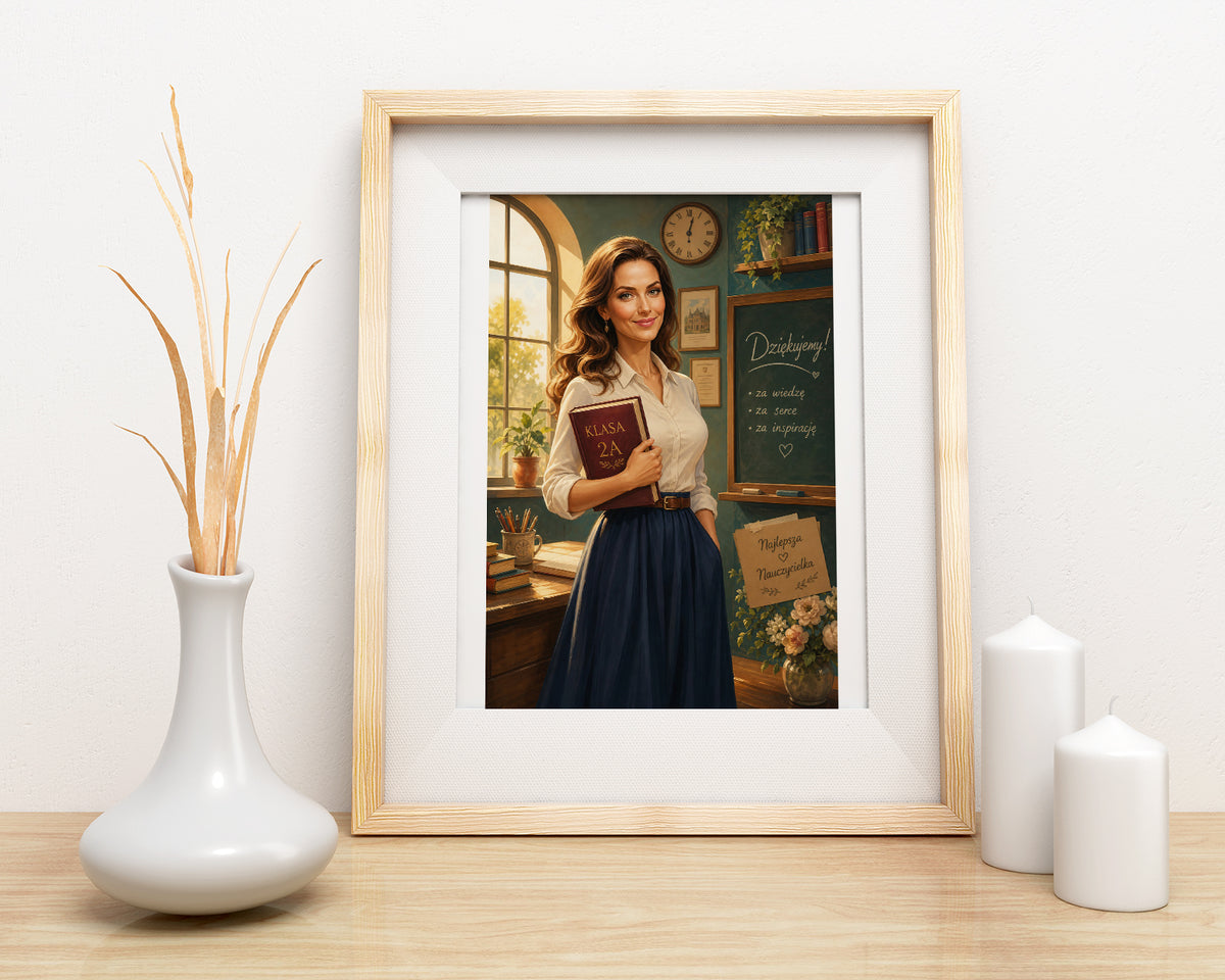 Karykatura dla nauczycielki ze zdjęcia – personalizowany prezent mockup 3