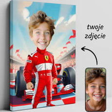 Karykatura dziecka w stylu Formuły 1 na personalizowanej kanwie dla dzieci