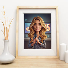 Framed caricature of blonde woman journalist holding microphone, zabawny prezent na urodziny