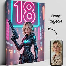Personalizowany obraz na płótnie z kobietą w futurystycznym kombinezonie cyberpunk z neonowym znakiem 18