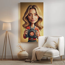 Wibrujący portret karykatury blondynki z aparatem na prezent urodzinowy