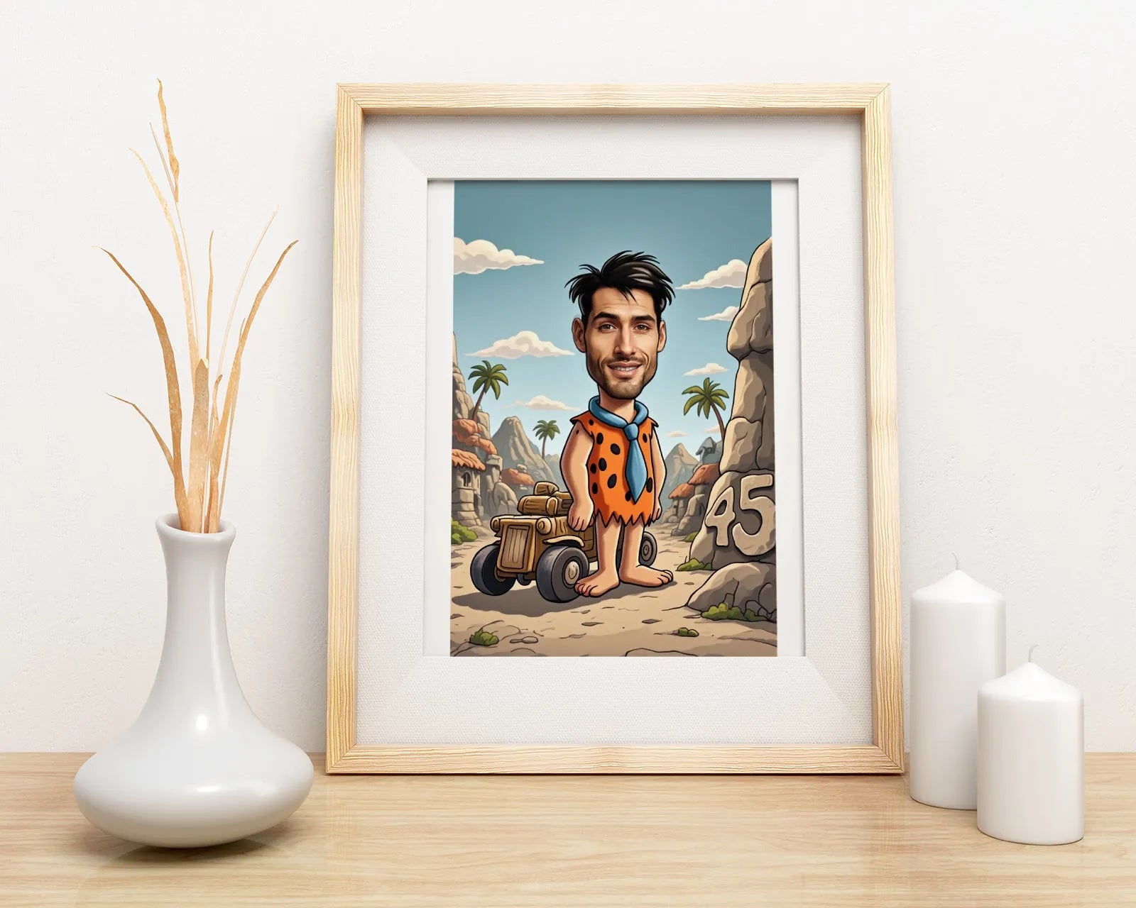 Obraz z ramą z kreskówkowym karykaturą Fredy Flintstone’a na prezent na 45 urodziny
