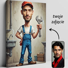 Plakat z karykaturą hydraulika na prezent urodzinowy dla hydraulika