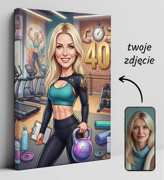 Karykatura instruktorki fitness na 40 urodziny – personalizowany glowne