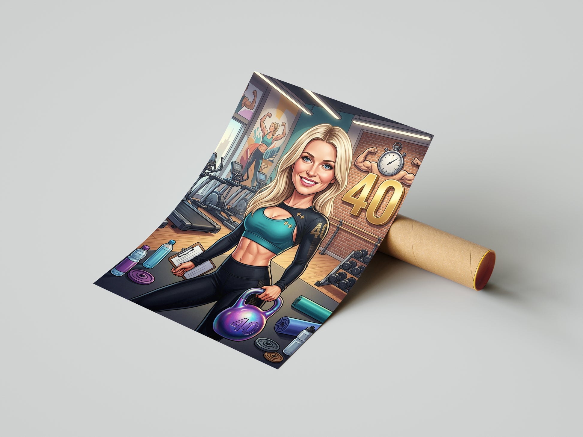 Karykatura instruktorki fitness na 40 urodziny – personalizowany mockup 4