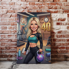 Karykatura instruktorki fitness na 40 urodziny – personalizowany nacegle