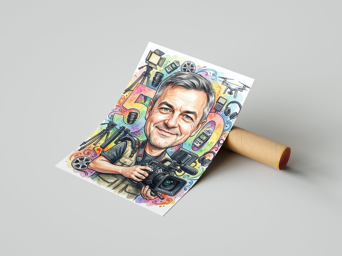 Karykatura kamerzysty na 50 urodziny - prezent premium mockup 4