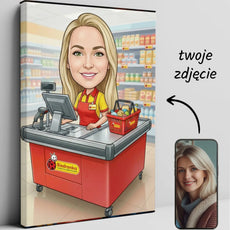 Karykatura kasjerki w biedronce z blondynką w fartuchu za ladą
