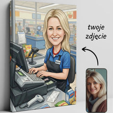 Karykatura kasjerki: uśmiechnięta blondynka w niebieskim uniformie przy kasie supermarketu