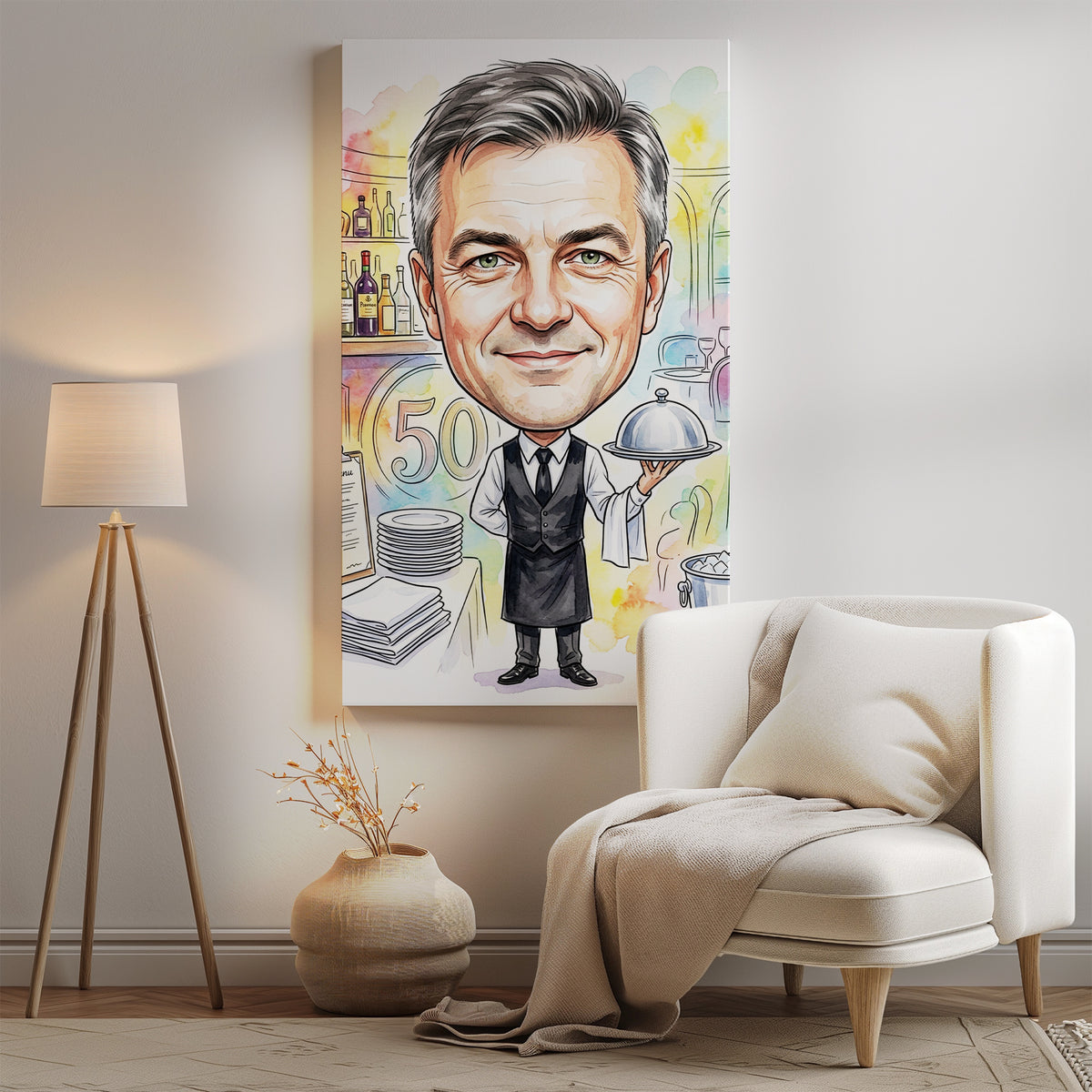 Karykatura kelnera ze zdjęcia na 50 urodziny mockup 2