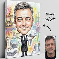 Karykatura kelnera ze zdjęcia na 50 urodziny glowne