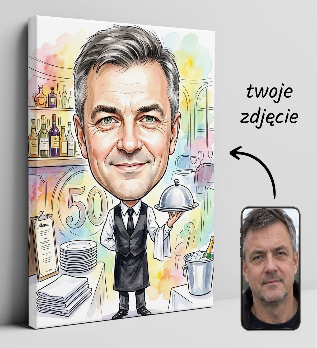 Karykatura kelnera ze zdjęcia na 50 urodziny glowne