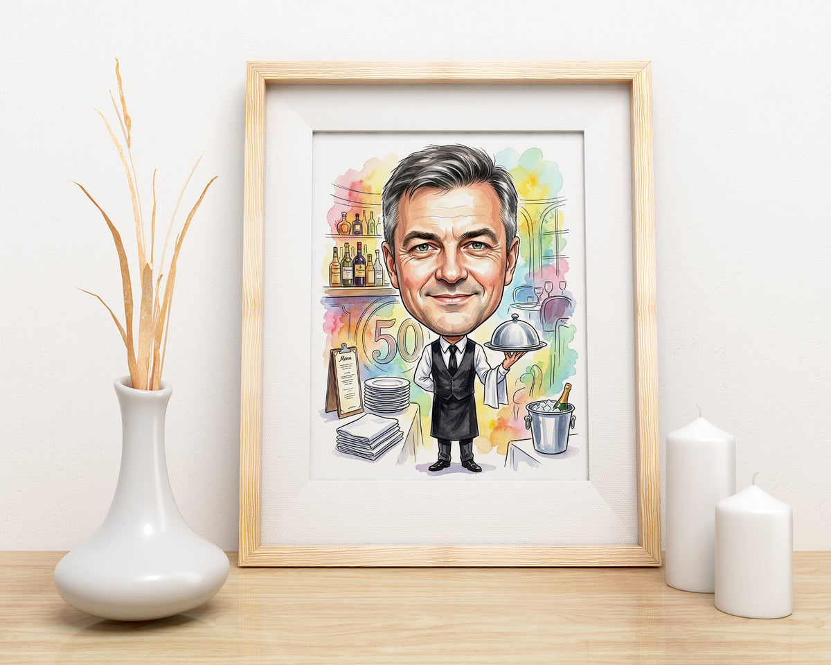 Karykatura kelnera ze zdjęcia na 50 urodziny mockup 3