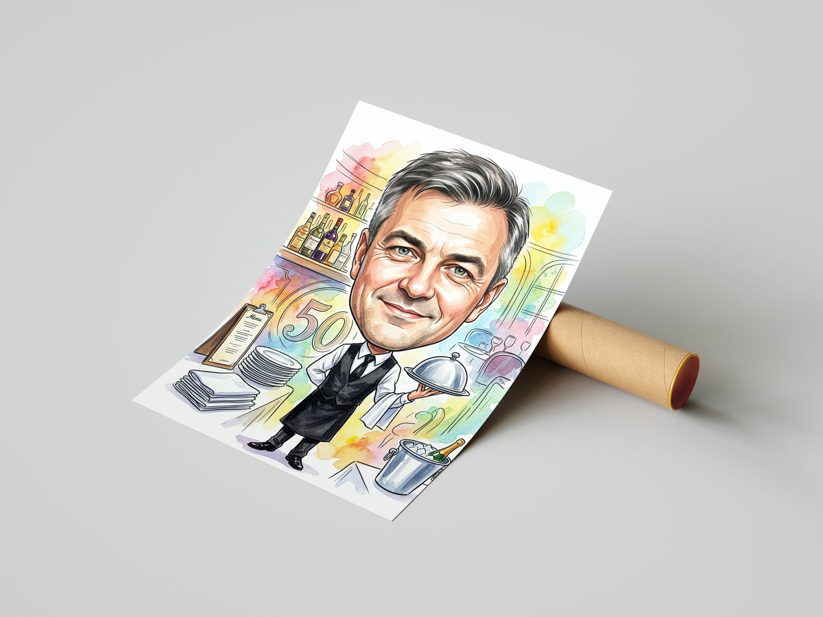 Karykatura kelnera ze zdjęcia na 50 urodziny mockup 4
