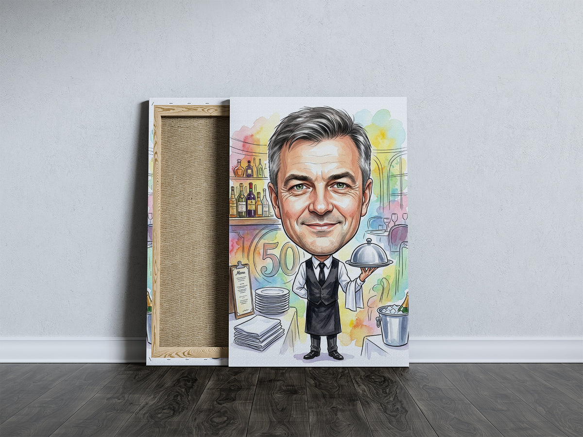 Karykatura kelnera ze zdjęcia na 50 urodziny mockup 5