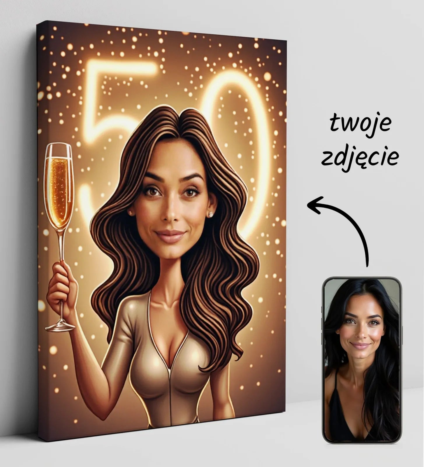 Spersonalizowany portret karykatura kobiety z kieliszkiem szampana i cyfrą 50 w tle
