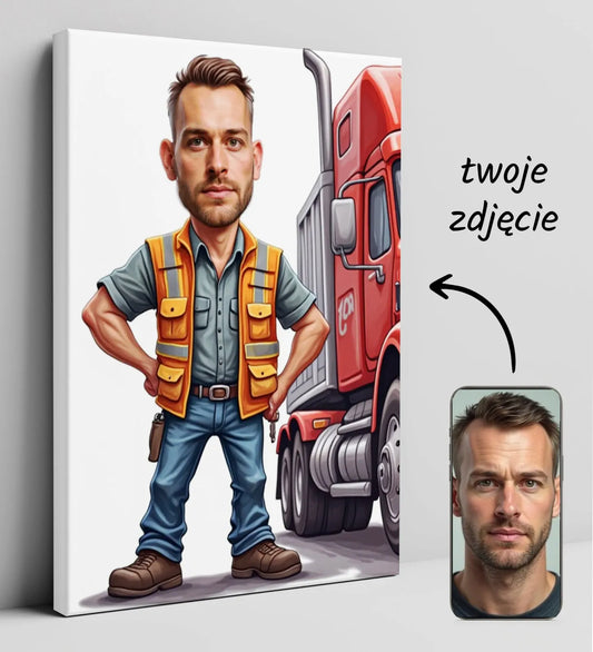 Karykatura kierowcy tira w stylu kreskówkowym, portret samochodowego kierowcy