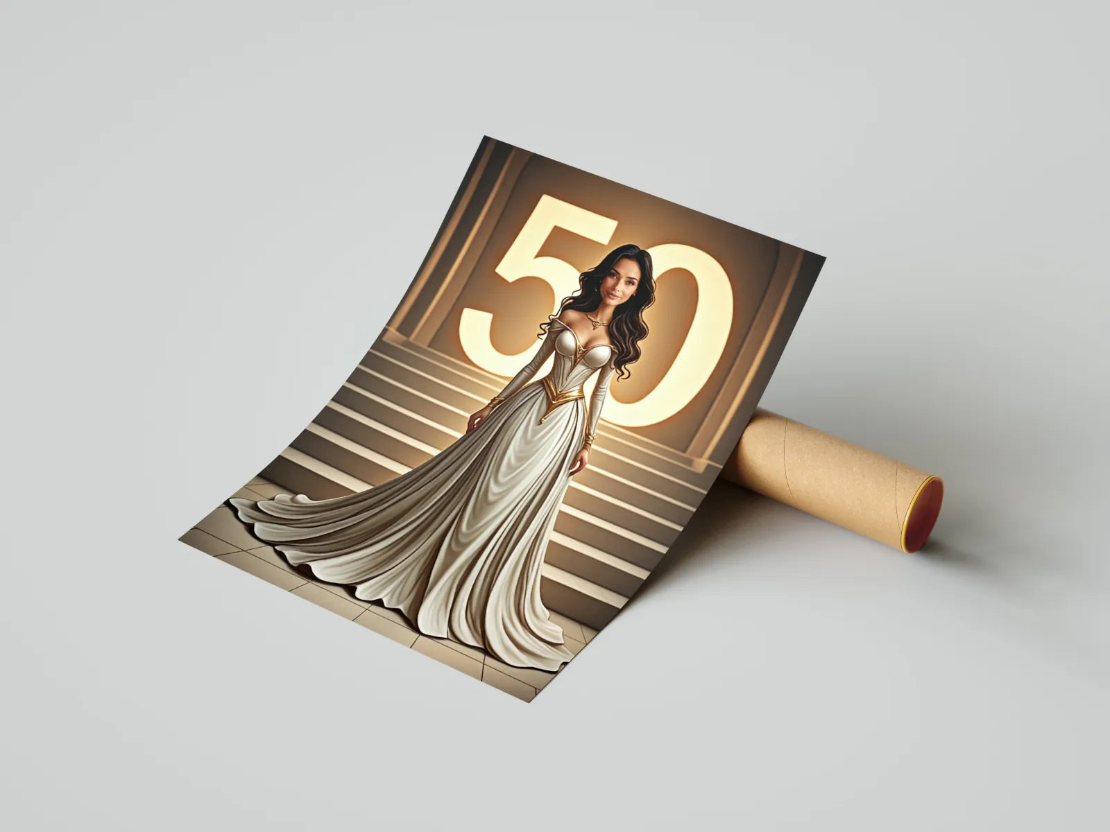 Plakat urodzinowy z elegancką kobietą w zwiewnej sukni i numerem 50