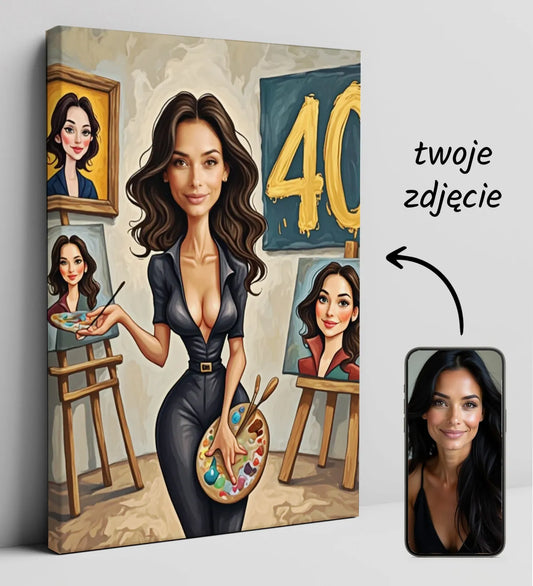 Karykatura kobiety artystki w galerii sztuki, kolorowy portret kreskówkowy