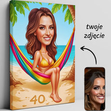 Karykatura kobiety na hamaku na plaży, prezent na urodziny z motywem plażowym