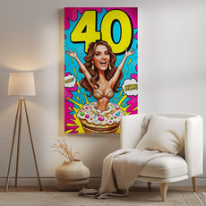 Kolorowa cartoonowa kanwa na 40 urodziny w stylu pop-art dla prezentu kobiety