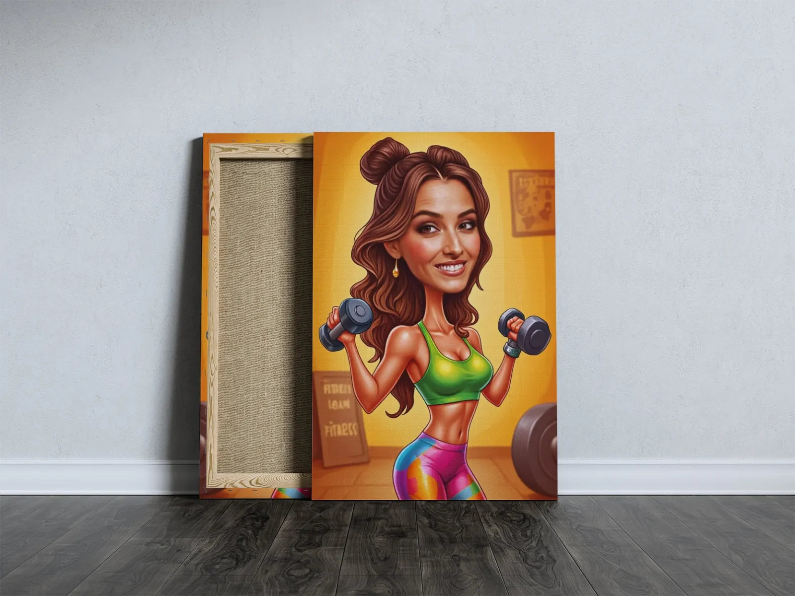 Canvas print z rysunkiem kobiety jako trenerki fitness na produkt Karykatura kobiety jako trenerki fitness