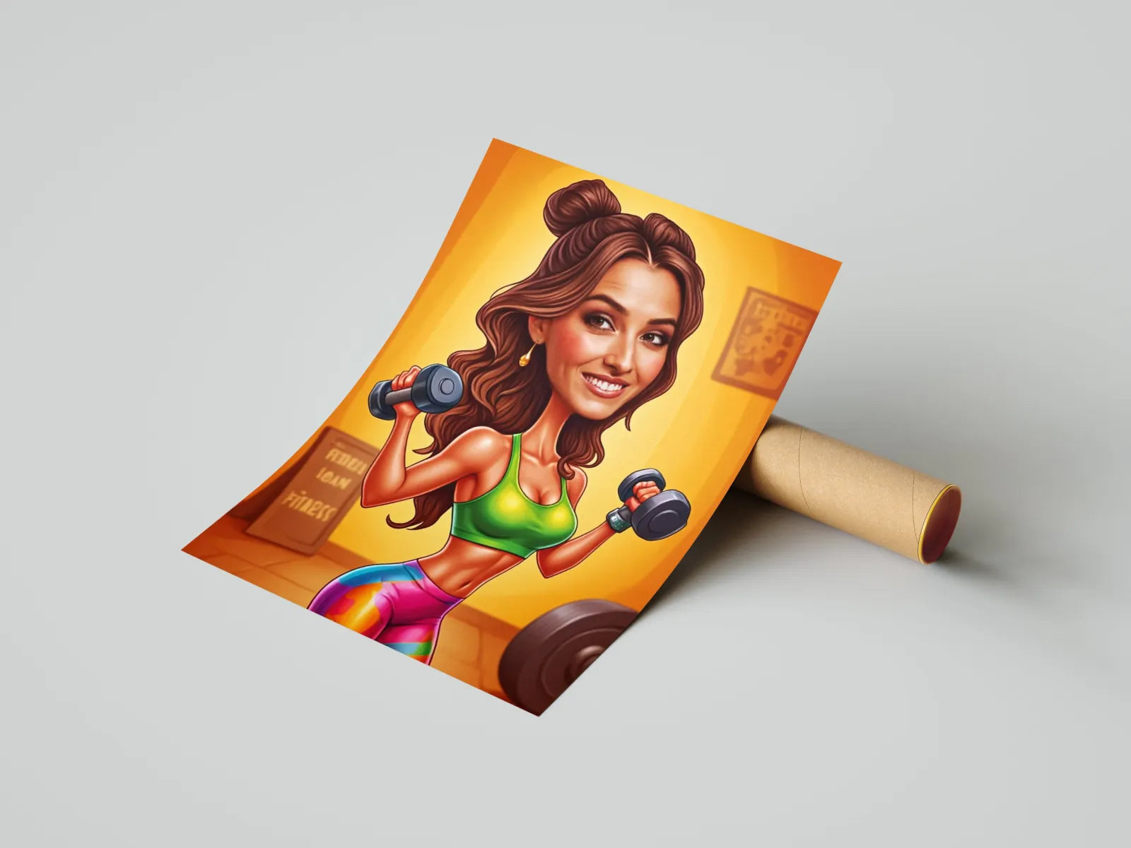 Karykatura kobiety jako trenerki fitness na kolorowym plakacie cartoonowym