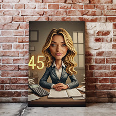 Canvas print przedstawiający blondynkę w garniturze przy biurku z książką i kalkulatorem